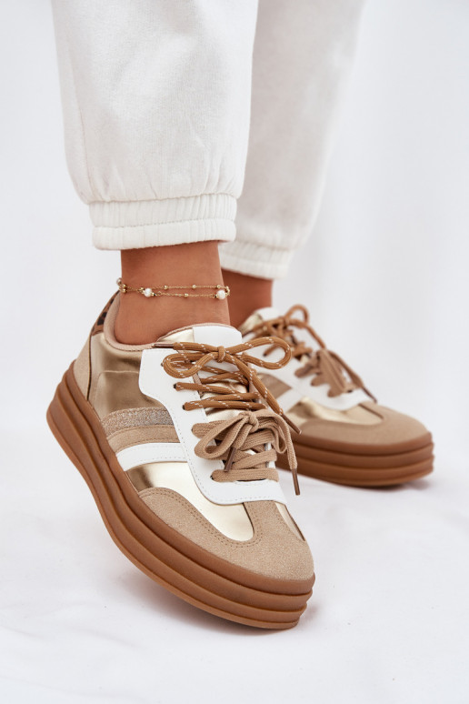 Chaussures modèle baskets Féminin avec une plateforme Z PodÀójnym Laçagem avec des motifs en fourrure de léopard couleur dorée N