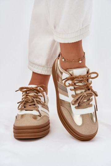 Chaussures modèle baskets Féminin avec une plateforme Z PodÀójnym Laçagem avec des motifs en fourrure de léopard couleur dorée N 2