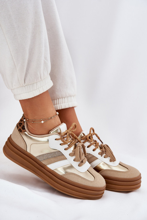 Chaussures modèle baskets Féminin avec une plateforme Z PodÀójnym Laçagem avec des motifs en fourrure de léopard couleur dorée N