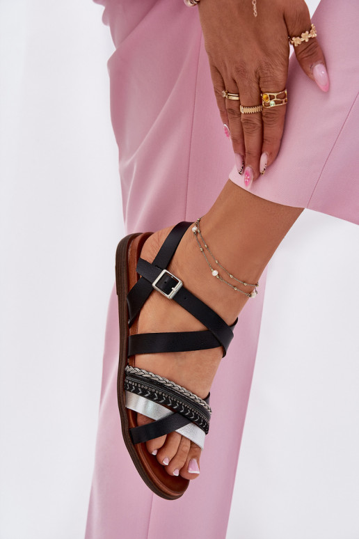 Féminin sandales plates avec des bandes Sergio Leone SK087H couleur noire