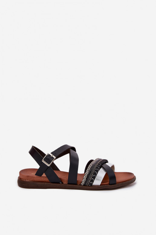 Féminin sandales plates avec des bandes Sergio Leone SK087H couleur noire