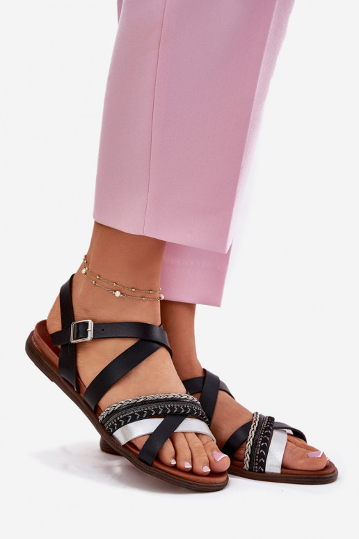 Féminin sandales plates avec des bandes Sergio Leone SK087H couleur noire