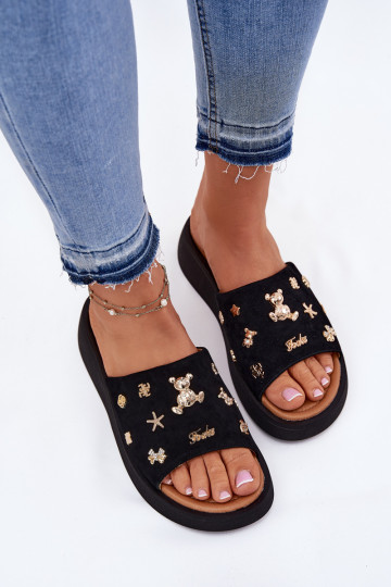 Chaussons pour femmes en noir en daim avec boucles, Vinceza 66741
