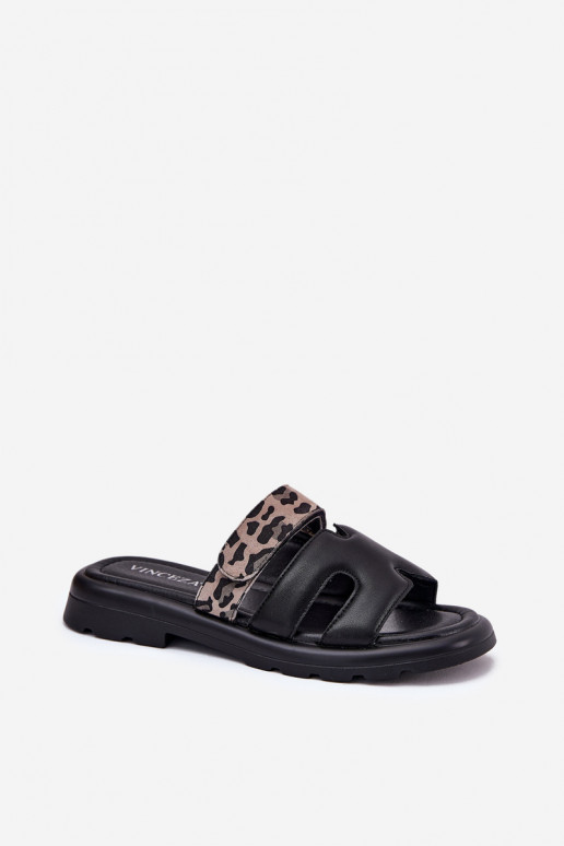 Pantoufles en cuir Féminin Z avec fermoir adhésifem avec des motifs en fourrure de léopard Vinceza 66769 couleur noire Pantoufles en cuir Féminin Z avec fermoir adhésifem avec des motifs en fourrure de léopard Vinceza 66769 couleur noire