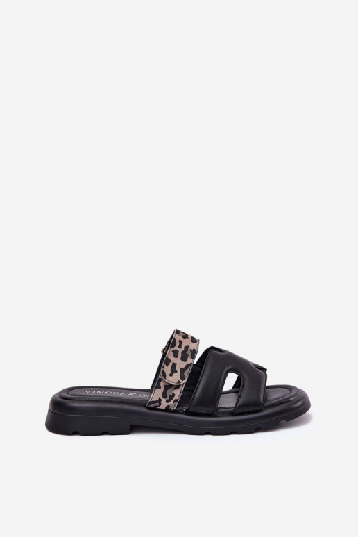 Pantoufles en cuir Féminin Z avec fermoir adhésifem avec des motifs en fourrure de léopard Vinceza 66769 couleur noire Pantoufles en cuir Féminin Z avec fermoir adhésifem avec des motifs en fourrure de léopard Vinceza 66769 couleur noire