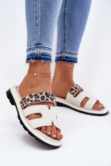 Chaussons en cuir femmes couleur ivoire avec fermeture adhésive et motif léopard, Vinceza 66769 2
