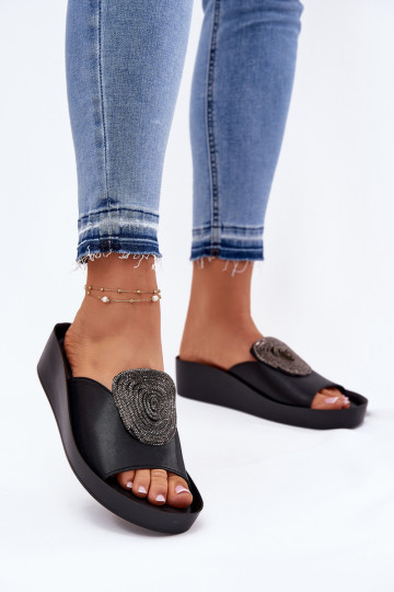 Peau Féminin Chaussons avec des ornements KV51-028 couleur noire