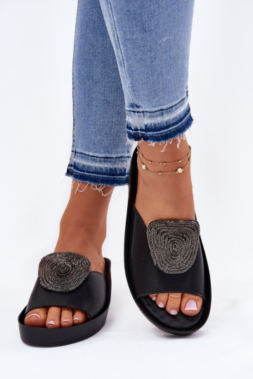 Peau Féminin Chaussons avec des ornements KV51-028 couleur noire 2
