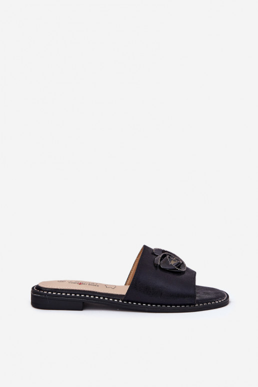 Pantoufles pour femmes avec des talons larges Avec des décorations Detalem KV51-007 couleur noire Pantoufles pour femmes avec des talons larges Avec des décorations Detalem KV51-007 couleur noire