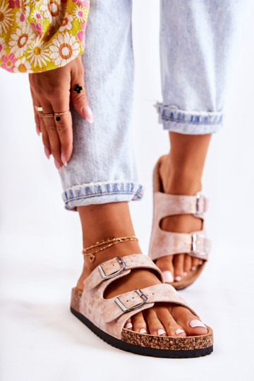 Chaussons pour femmes sur semelle en liège avec boucles Vivio couleur or rose
