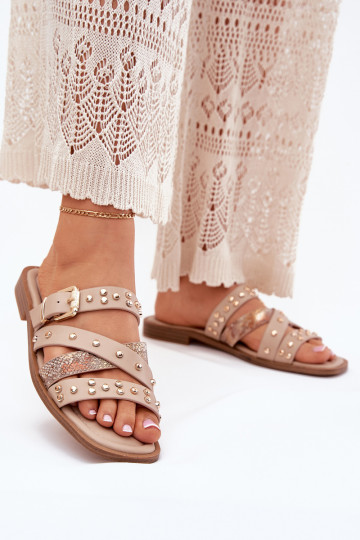 Chaussons décorés pour femmes avec des talons larges et des lanières ainsi que des boucles Tai turinitte couleur sable 2