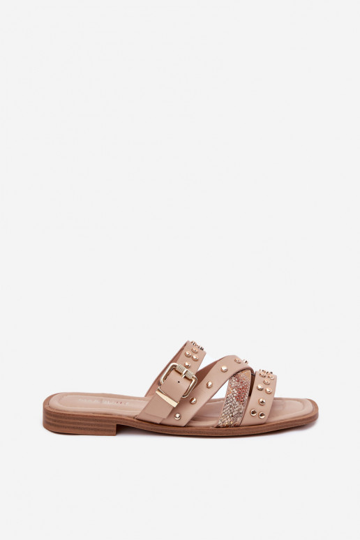 Décoré Pantoufles pour femmes avec des talons larges avec des bandes I avec boucles beige Il fautnitte Décoré Pantoufles pour femmes avec des talons larges avec des bandes I avec boucles beige Il fautnitte