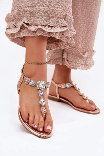 Sandales pour femmes avec des talons larges aux yeux brillants couleur or rose Fiolalia 2