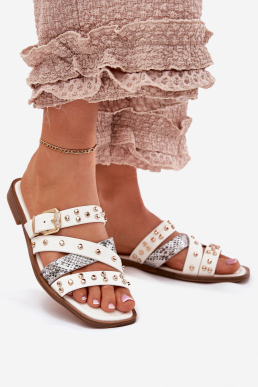 Décoré Pantoufles pour femmes avec des talons larges avec des bandes I avec boucles couleur blanche Il fautnitte Décoré Pantoufles pour femmes avec des talons larges avec des bandes I avec boucles couleur blanche Il fautnitte