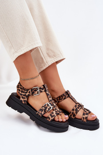 Sandales pour femmes en cuir synthétique avec boucles Jeneliena à motifs léopard
