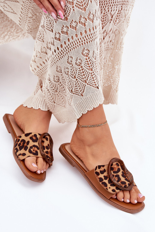 Chaussons Appartement pour femmes décorer avec boucles avec des motifs en fourrure de léopard LuÀam