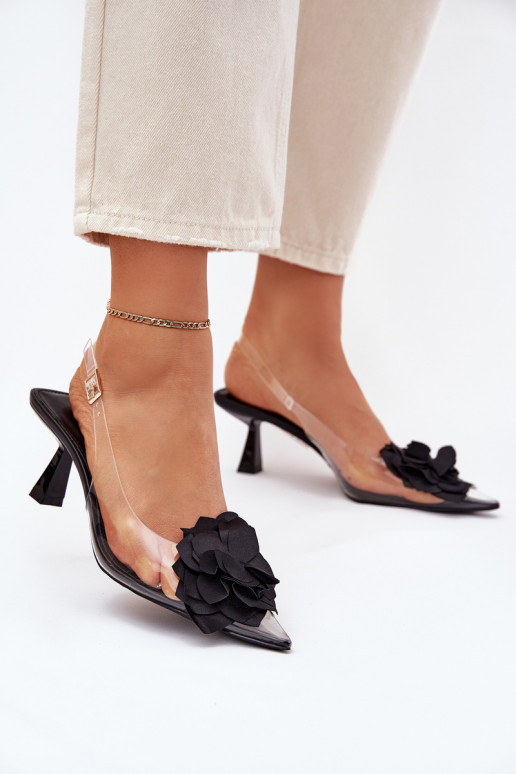 Voir à travers des sandales avec des talons fins Avec des décorations Une fleur couleur noire Risalie