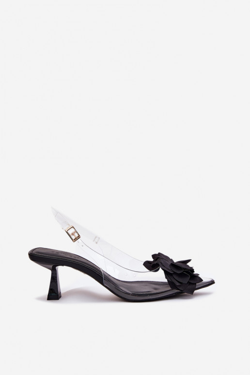 Voir à travers des sandales avec des talons fins Avec des décorations Une fleur couleur noire Risalie