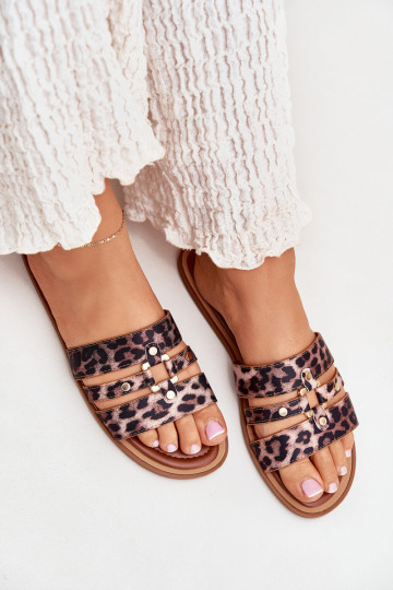 Chaussons pour femmes à semelle plate avec détails dorés Noroti à motifs léopard