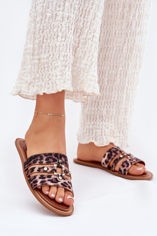 isocèle Pantoufles pour femmes Ze couleur doréem Detalem avec des motifs en fourrure de léopard Noroti