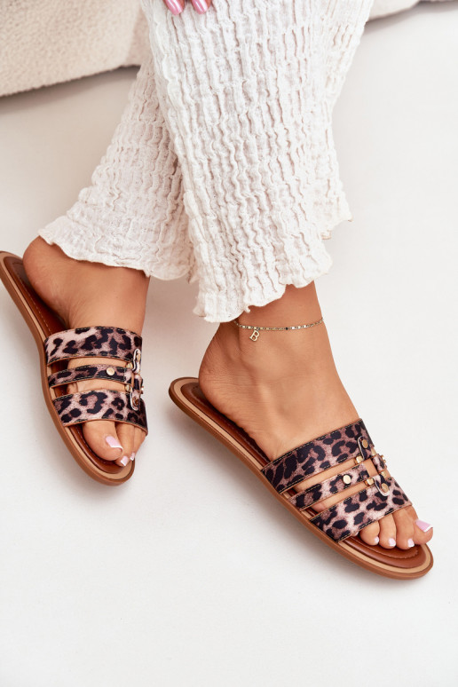 isocèle Pantoufles pour femmes Ze couleur doréem Detalem avec des motifs en fourrure de léopard Noroti