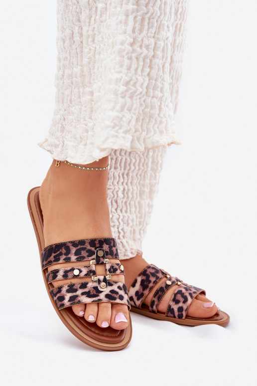 isocèle Pantoufles pour femmes Ze couleur doréem Detalem avec des motifs en fourrure de léopard Noroti