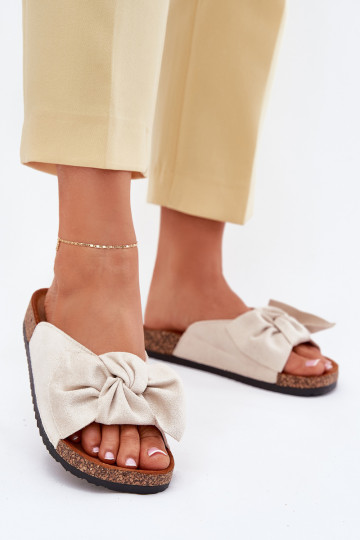 Chaussons femmes couleur sable "Seressa" sur semelle en liège avec nœud
