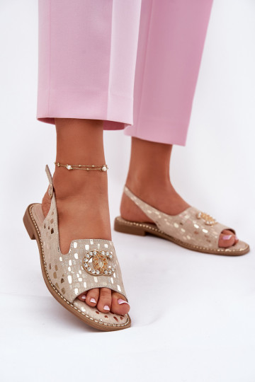 Sandales dorées pour femmes avec ornements et talons larges "S.Barski KV51-096"