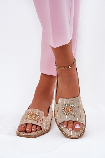 Sandales pour femmes avec des ornements avec des talons larges S.Barski KV51-096 couleur dorée 2
