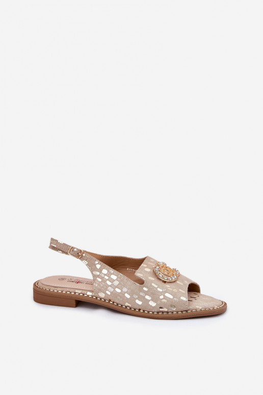 Sandales pour femmes avec des ornements avec des talons larges S.Barski KV51-096 couleur dorée Sandales pour femmes avec des ornements avec des talons larges S.Barski KV51-096 couleur dorée