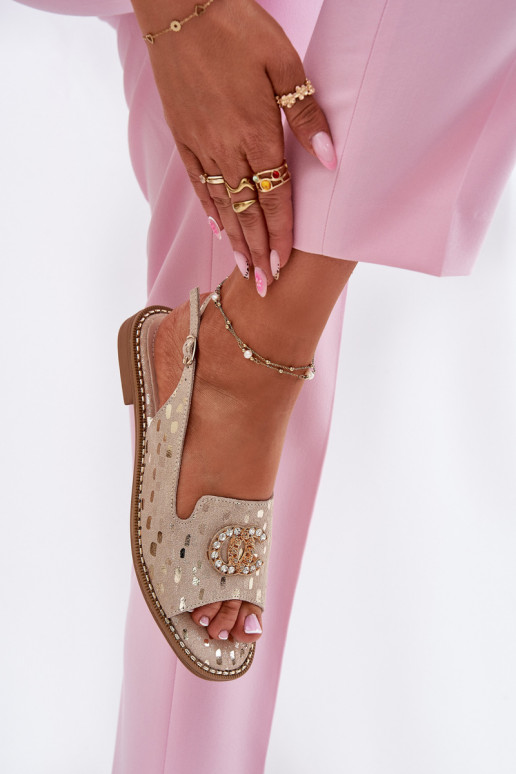 Sandales pour femmes avec des ornements avec des talons larges S.Barski KV51-096 couleur dorée Sandales pour femmes avec des ornements avec des talons larges S.Barski KV51-096 couleur dorée