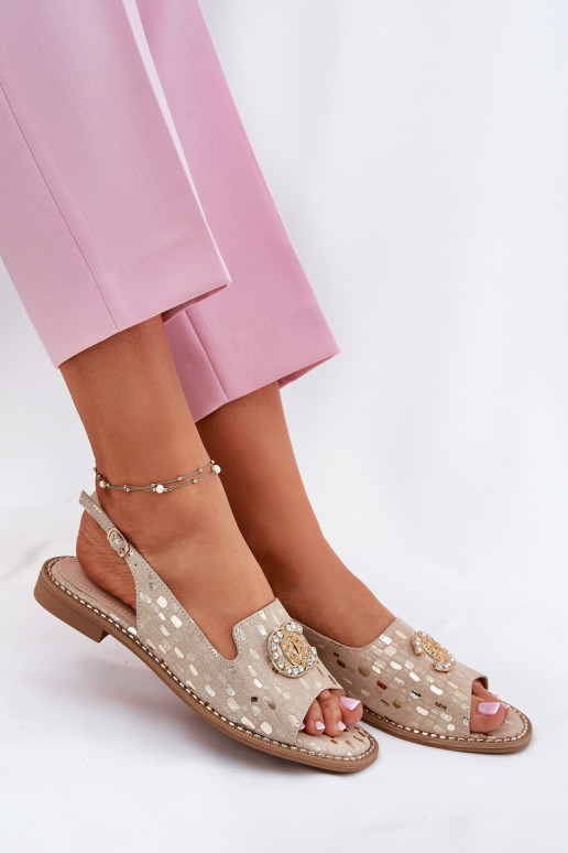 Sandales pour femmes avec des ornements avec des talons larges S.Barski KV51-096 couleur dorée Sandales pour femmes avec des ornements avec des talons larges S.Barski KV51-096 couleur dorée