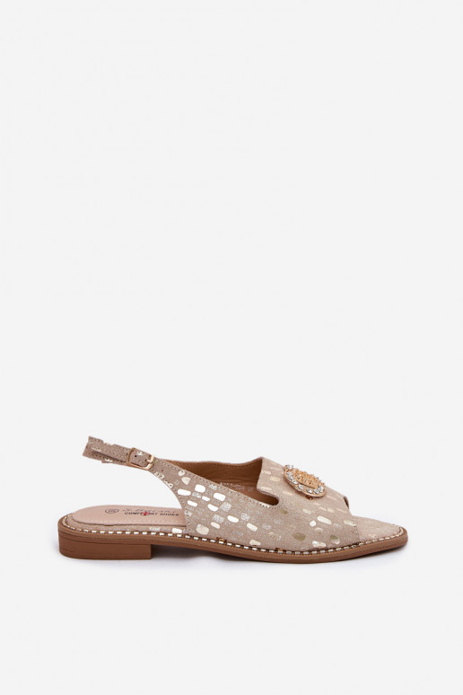 Sandales pour femmes avec des ornements avec des talons larges S.Barski KV51-096 couleur dorée Sandales pour femmes avec des ornements avec des talons larges S.Barski KV51-096 couleur dorée