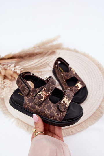Sandales pour enfants avec fermetures scratch et détails couleur or couleur marron