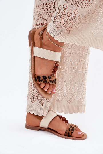 Sandales plates pour femmes avec des perles avec des motifs en fourrure de léopard marron Virona