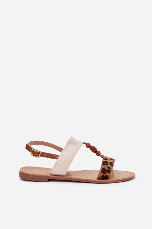 Sandales plates pour femmes avec des perles avec des motifs en fourrure de léopard marron Virona Sandales plates pour femmes avec des perles avec des motifs en fourrure de léopard marron Virona