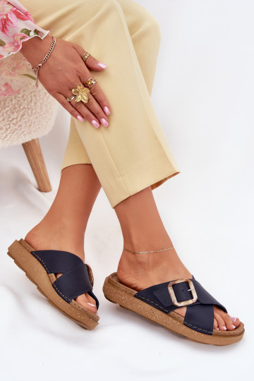 Sabots en cuir pour femmes avec boucles Inblu ED0003IU bleu marine