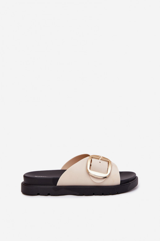 Pantoufles pour femmes avec une plateforme avec boucles dorées beige Jovira Pantoufles pour femmes avec une plateforme avec boucles dorées beige Jovira