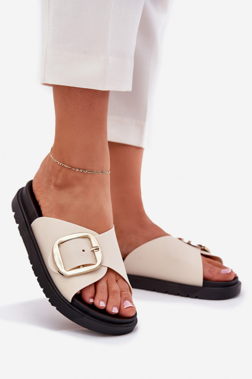 Pantoufles pour femmes avec une plateforme avec boucles dorées beige Jovira Pantoufles pour femmes avec une plateforme avec boucles dorées beige Jovira