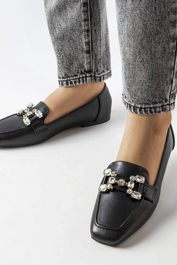 Mocassins femme noirs avec zircons, cuir, bout carré, Marechal