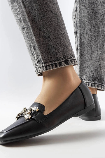 Mocassins femme noirs avec zircons, cuir, bout carré, Marechal 2