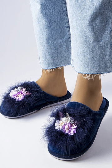 Chaussons chauds bleu marine à fleurs Moly