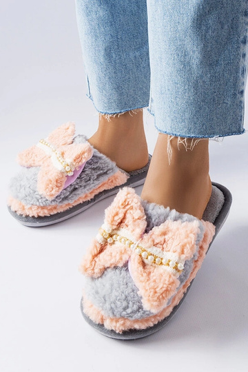 Chaussons gris et rose avec noeud
