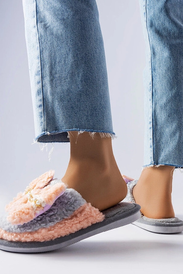 Chaussons gris et rose avec noeud 2