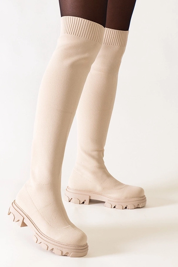 Bottes longues en tissu beige Athira à plateforme