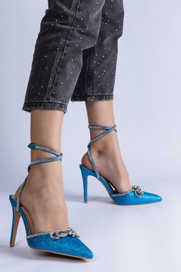 Escarpins bleus pour femmes Gemre sur un talon haut, noués avec des paillettes et un nœud en pointe Merkuri