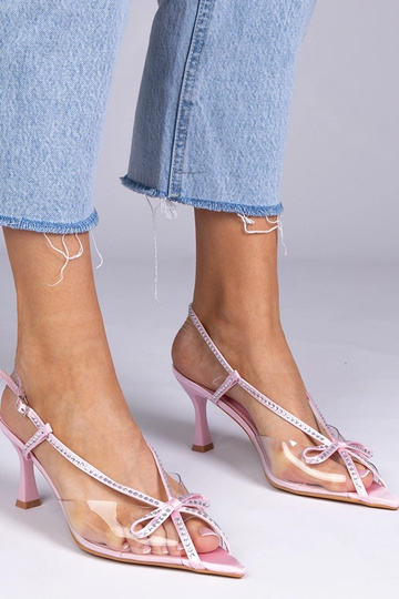 Sandales transparentes roses à talon avec des pierres en zircon, „Kloksi"