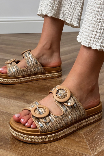 Chaussons tressés couleur sable avec paillettes sur les brides Lanora