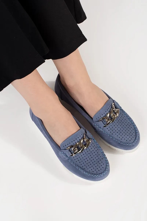 Mocassins en cuir bleu avec chaîne et... Mocassins en cuir bleu avec chaîne et...