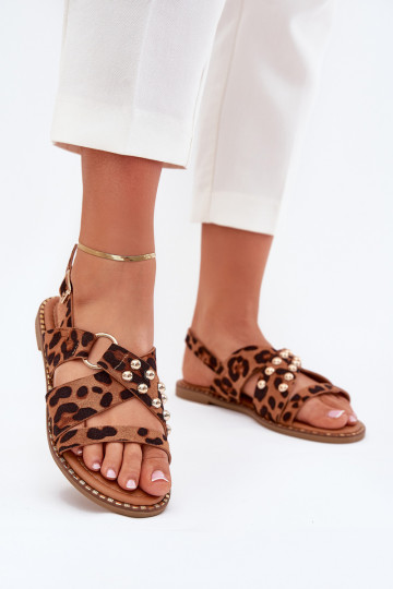 Sandales pour femmes avec des talons larges Ze couleur doréemi Goujons avec des motifs en fourrure de léopard Zanira